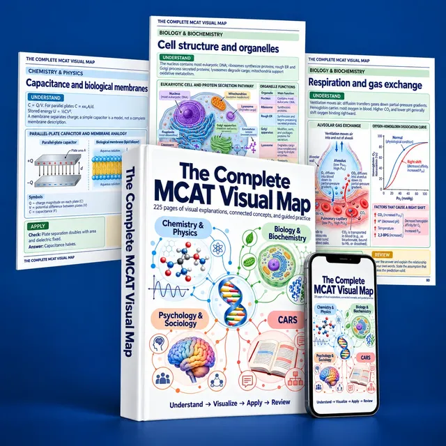 The Complete MCAT Visual Map shown as a book, a phone, and three study pages